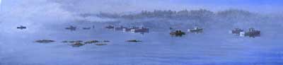Lobster Boats in Thoroughfare, oils, 10" x 42", 2004, priv coll 